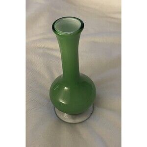 Art Glass Bud Vase 7”T Footed Green Cased Glass White Interior Bud Vase